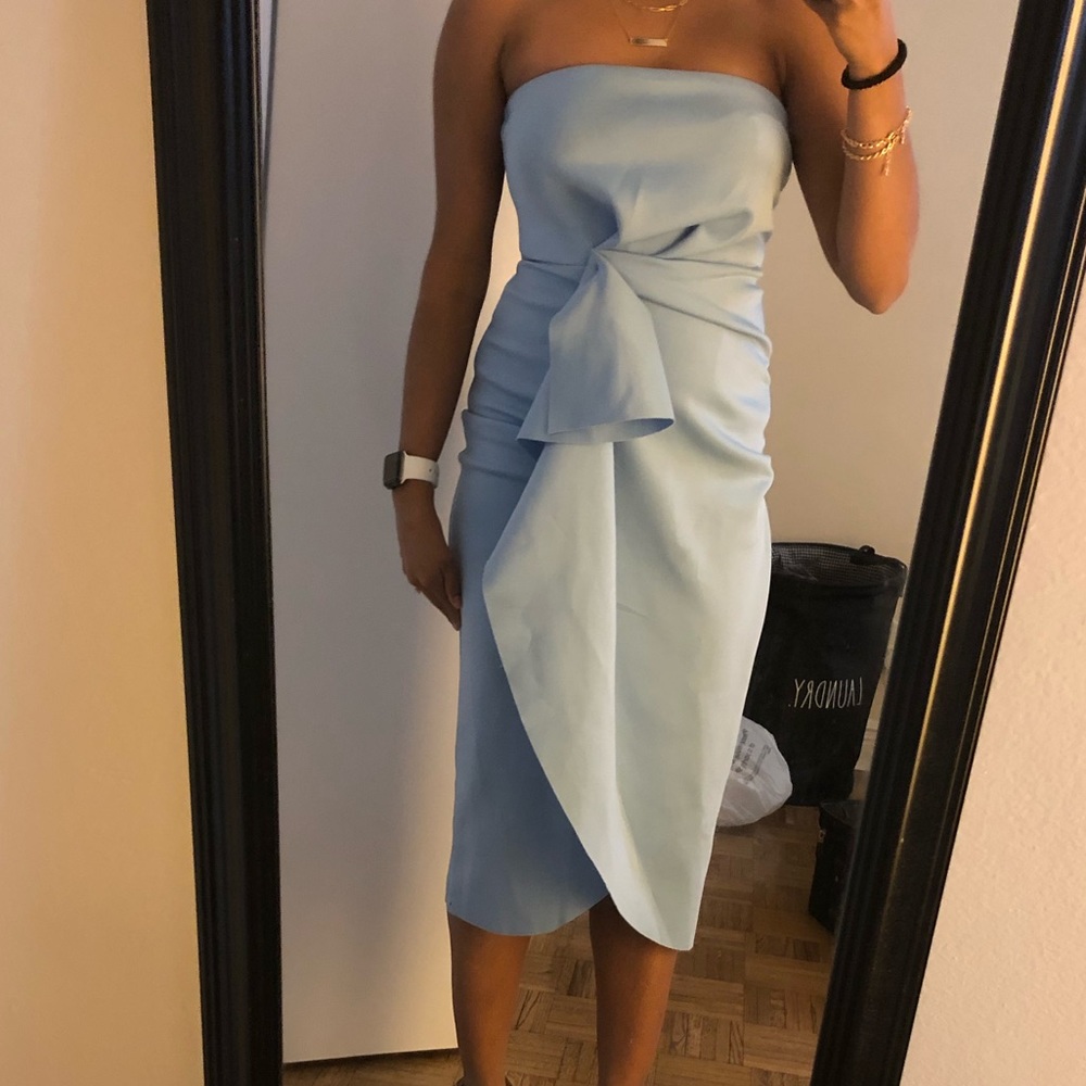 Blue strapless cocktail dress
